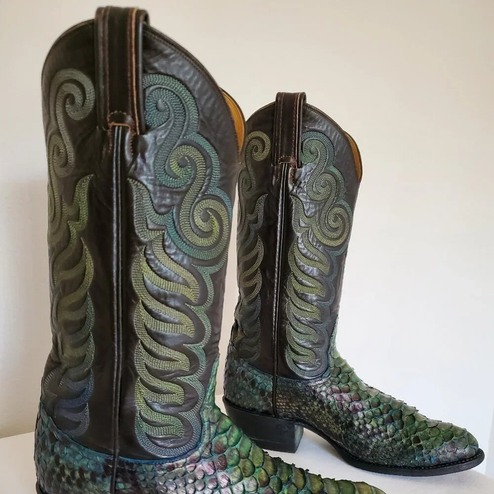 Tony Lama 8 1/2 painted blue green black western cowboy boots python snake skin
